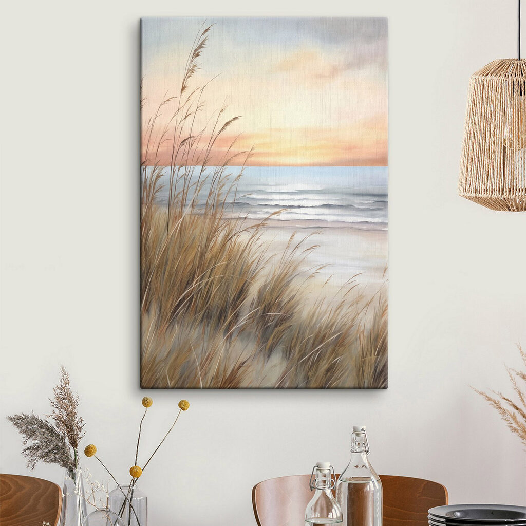 Painting of a beach with tall grass and water