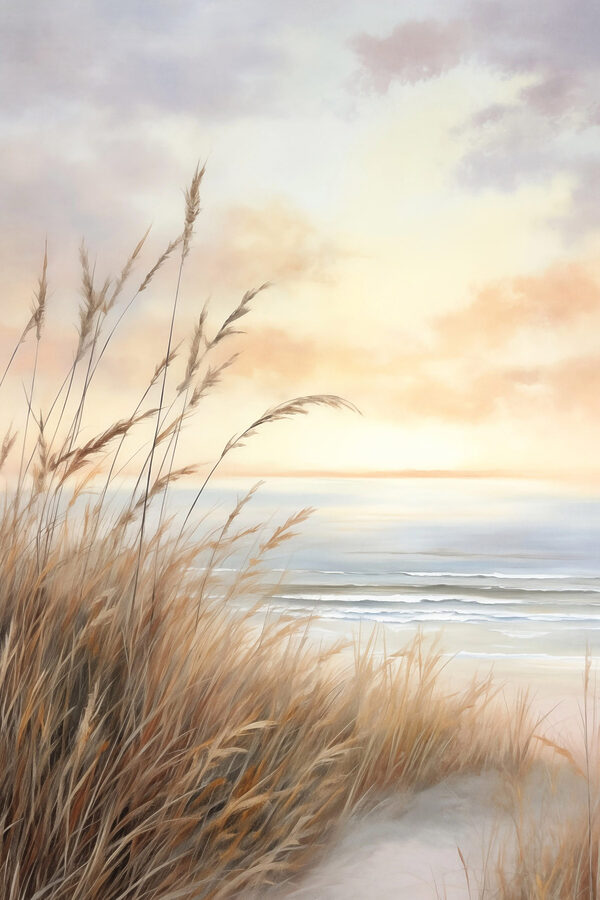 Painting of a beach with tall grass and water