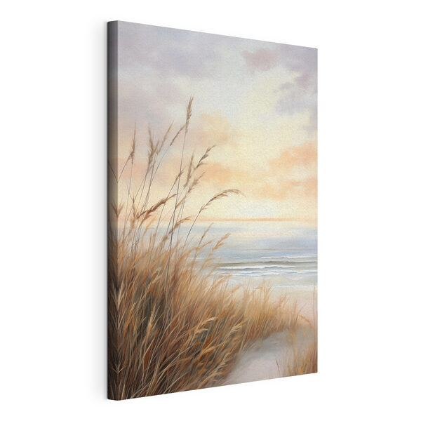 Painting of a beach with tall grass and water