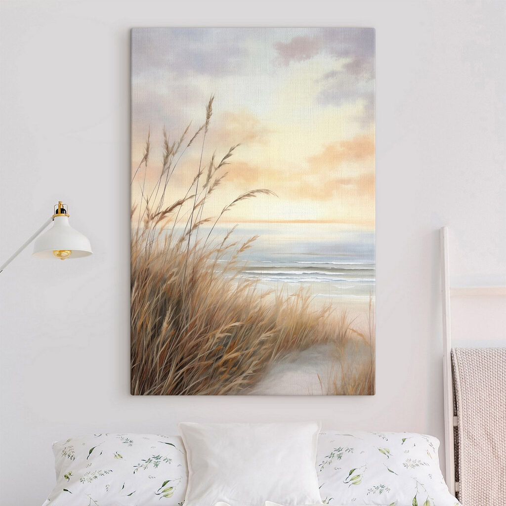 Painting of a beach with tall grass and water