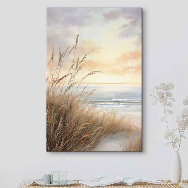 Painting of a beach with tall grass and water