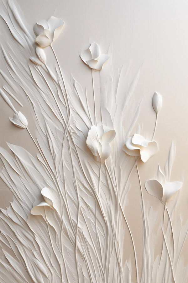 White flowers and leaves on a white surface