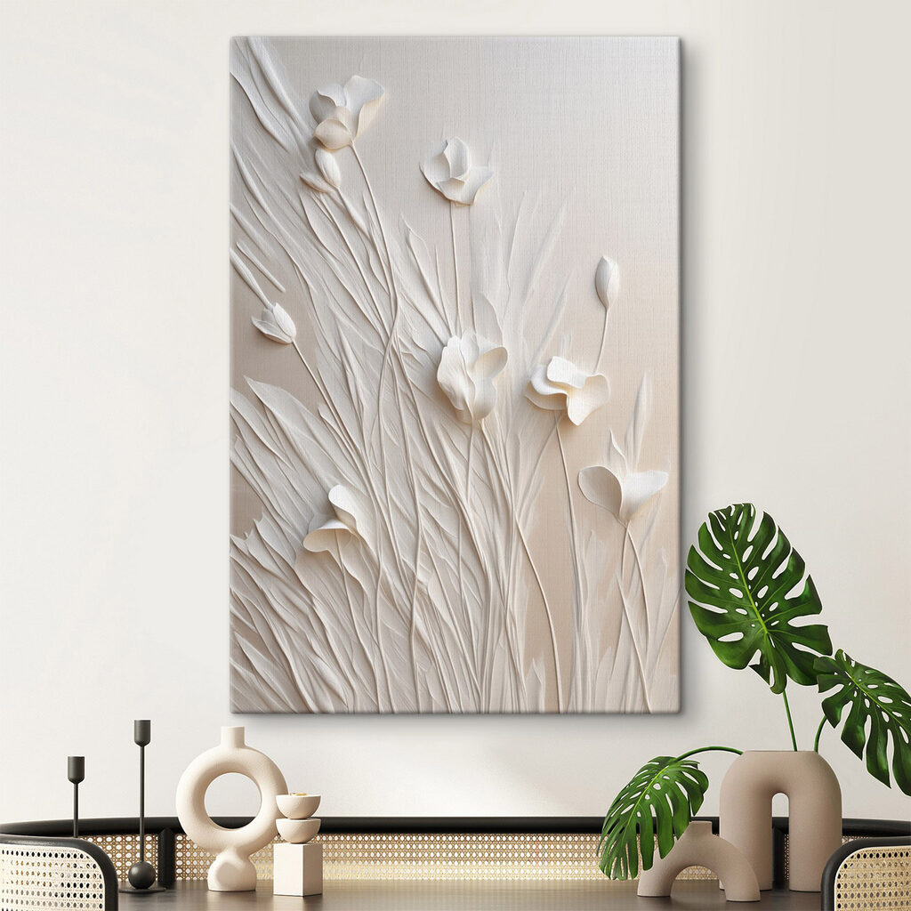 White flowers and leaves on a white surface