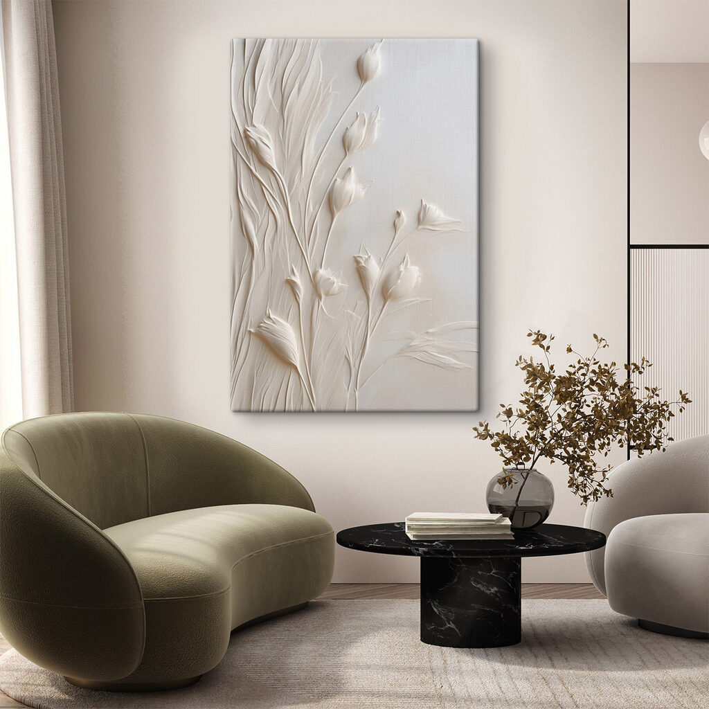 White flower art on a white surface White flower art on a white surface