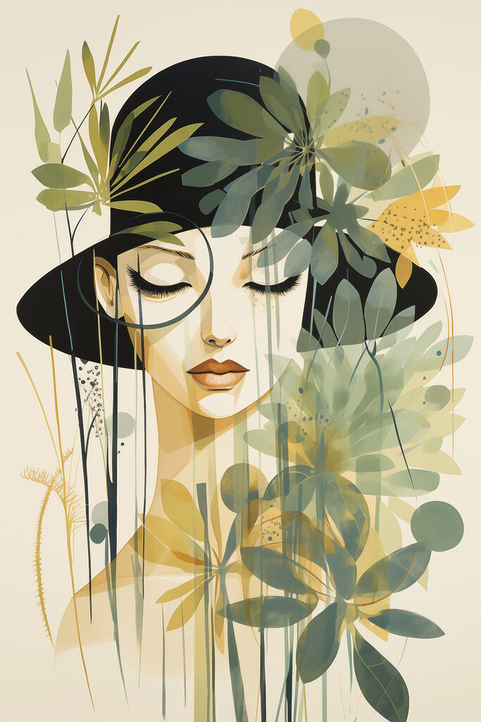 Woman with black hat and green leaves Woman with black hat and green leaves