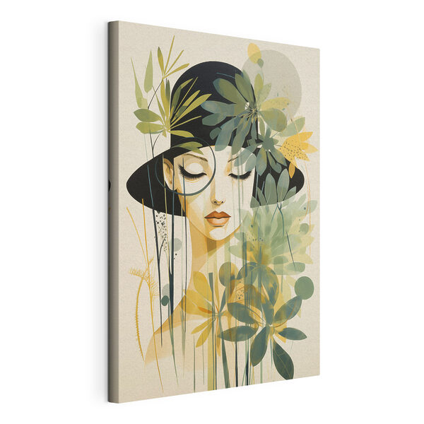 Woman with black hat and green leaves Woman with black hat and green leaves