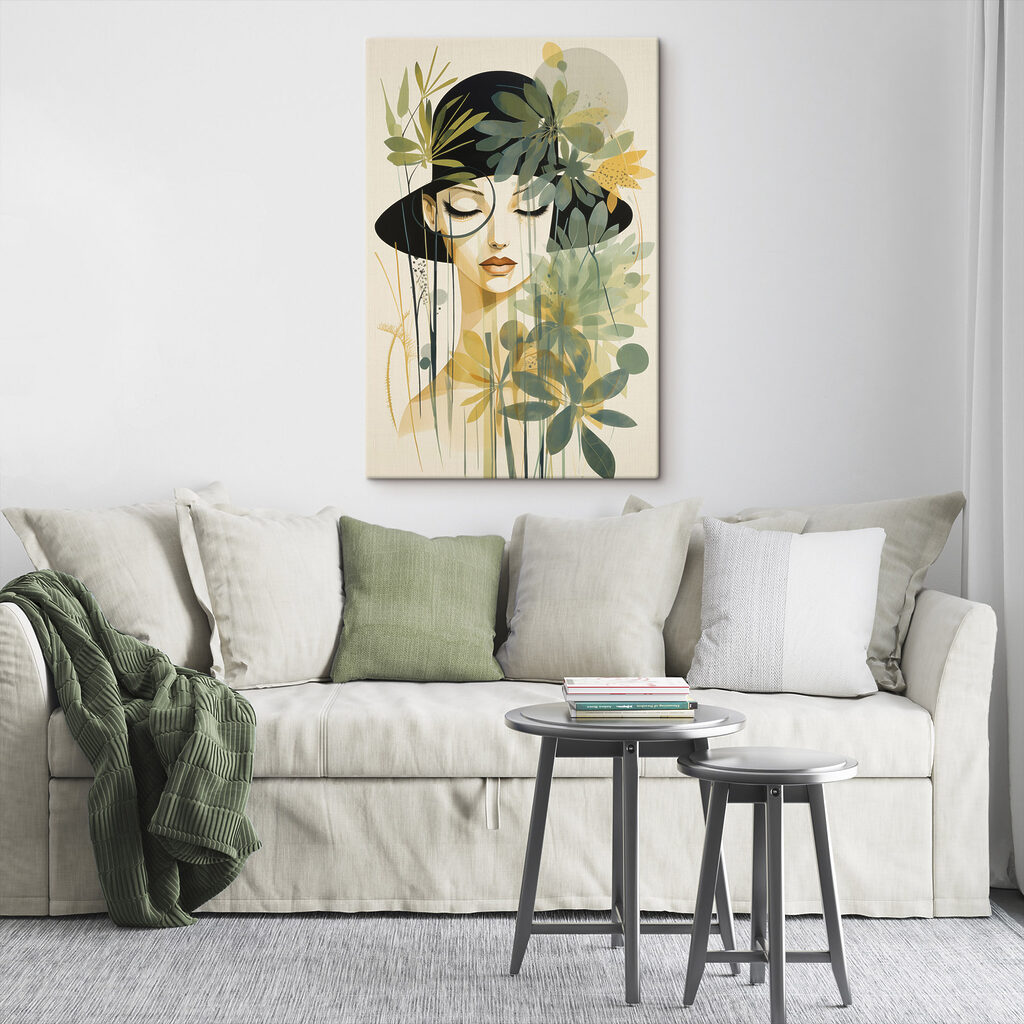 Woman with black hat and green leaves Woman with black hat and green leaves