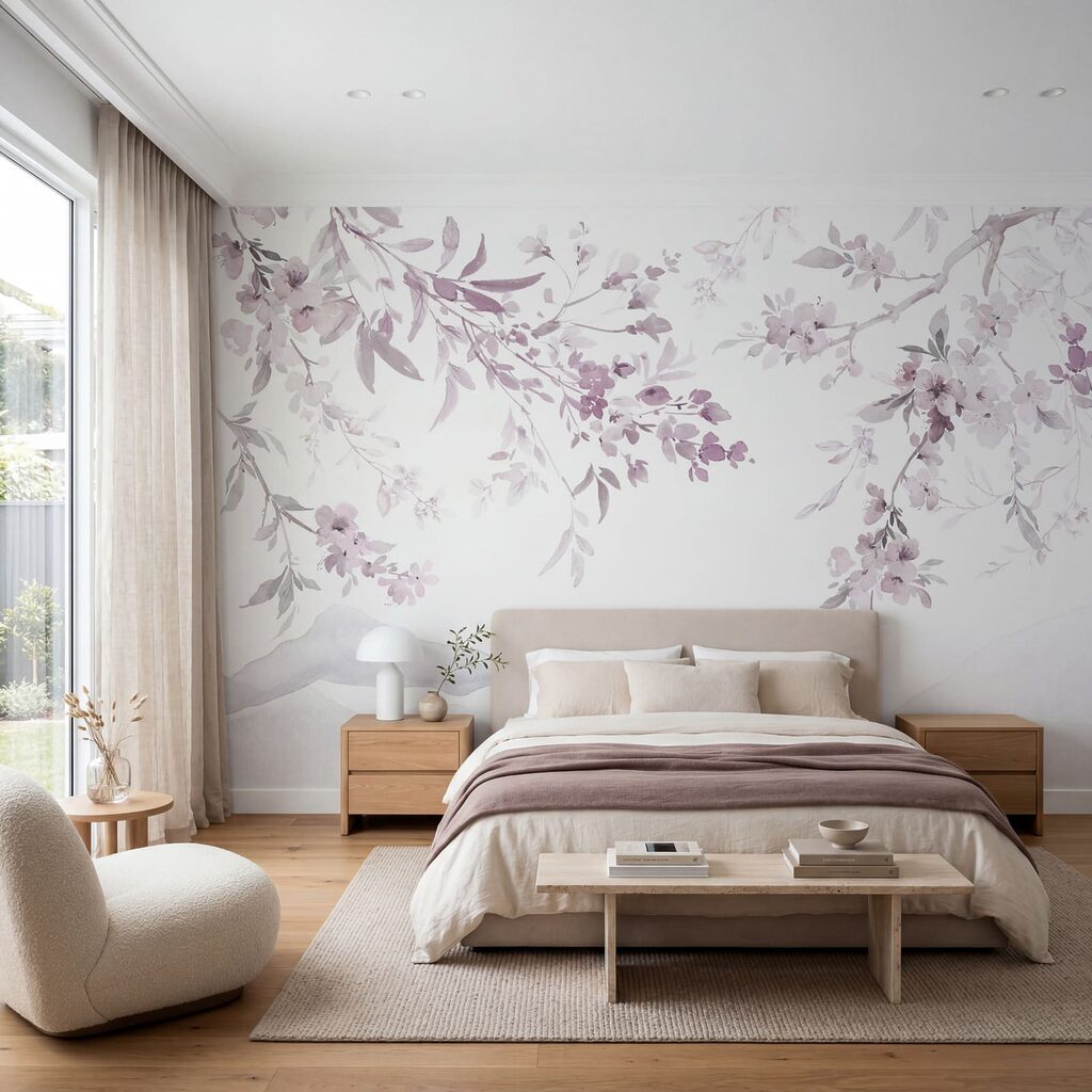 Gemälde eines Astes mit violetten Blüten Gemälde eines Astes mit violetten Blüten