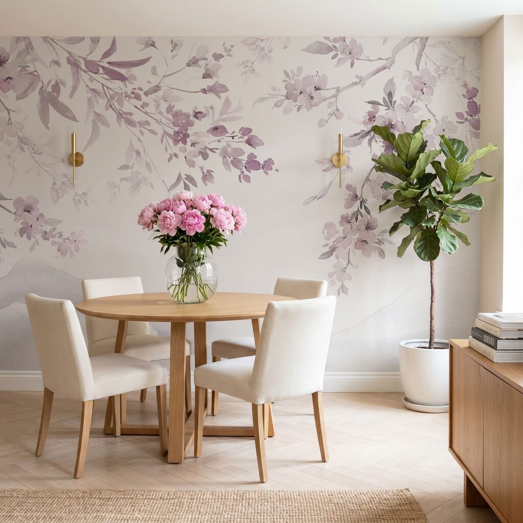 Gemälde eines Astes mit violetten Blüten Gemälde eines Astes mit violetten Blüten