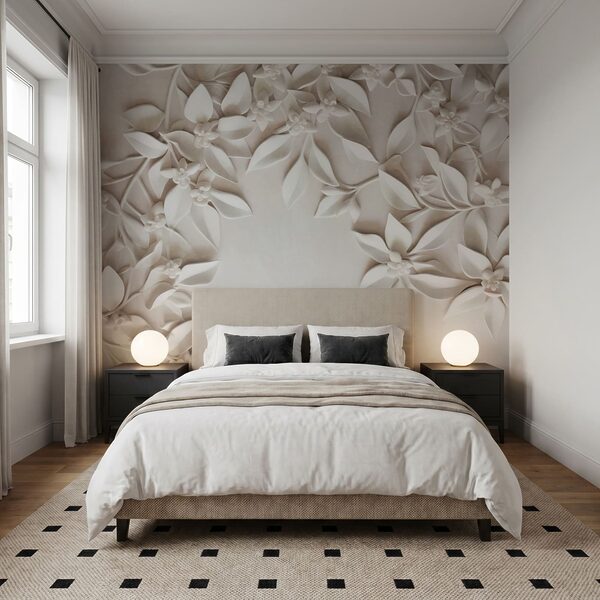 Weiße Wand mit weißen Blüten und Blättern