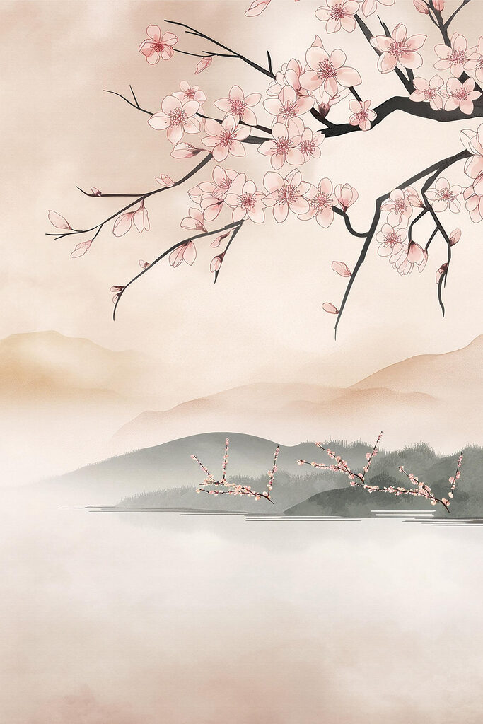 Painting of a tree branch with pink flowers Painting of a tree branch with pink flowers