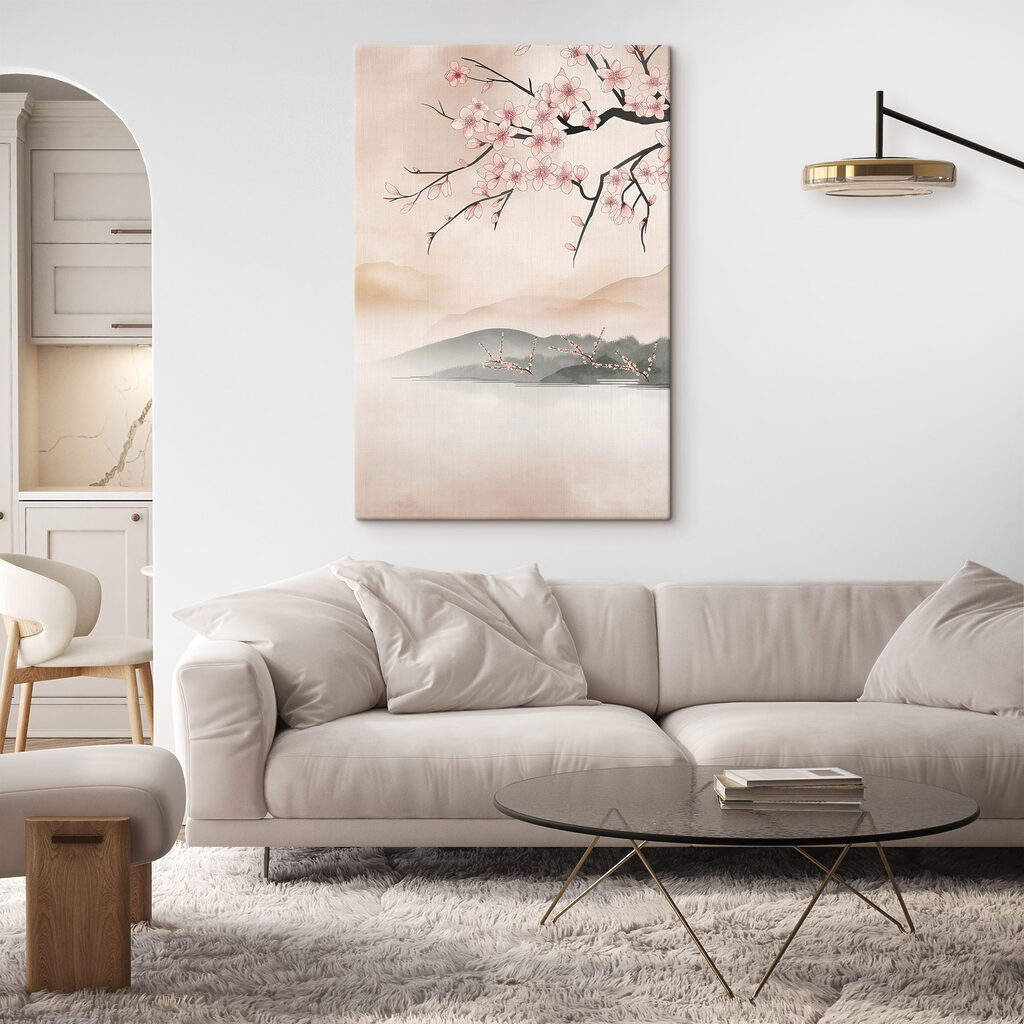 Painting of a tree branch with pink flowers Painting of a tree branch with pink flowers