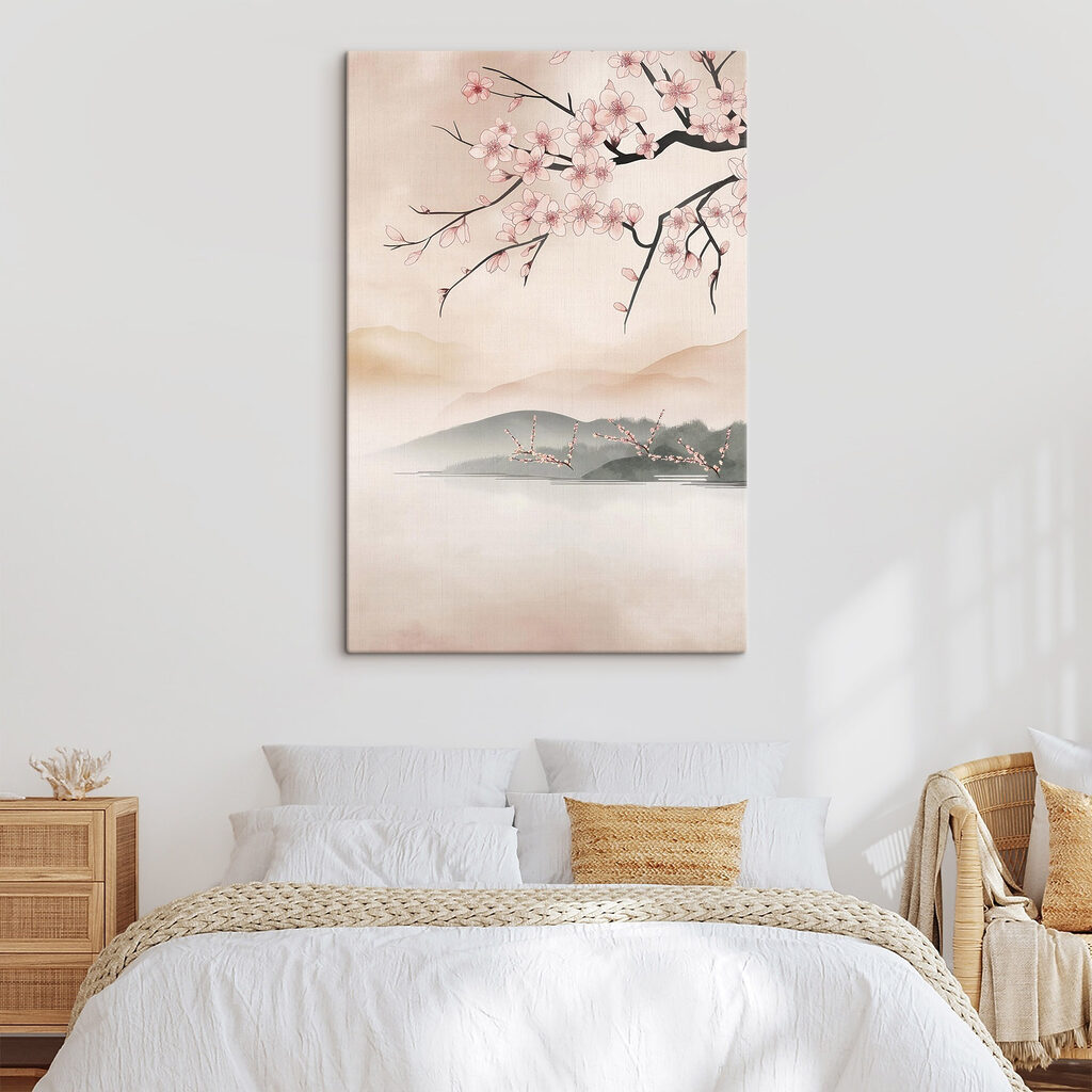 Painting of a tree branch with pink flowers Painting of a tree branch with pink flowers