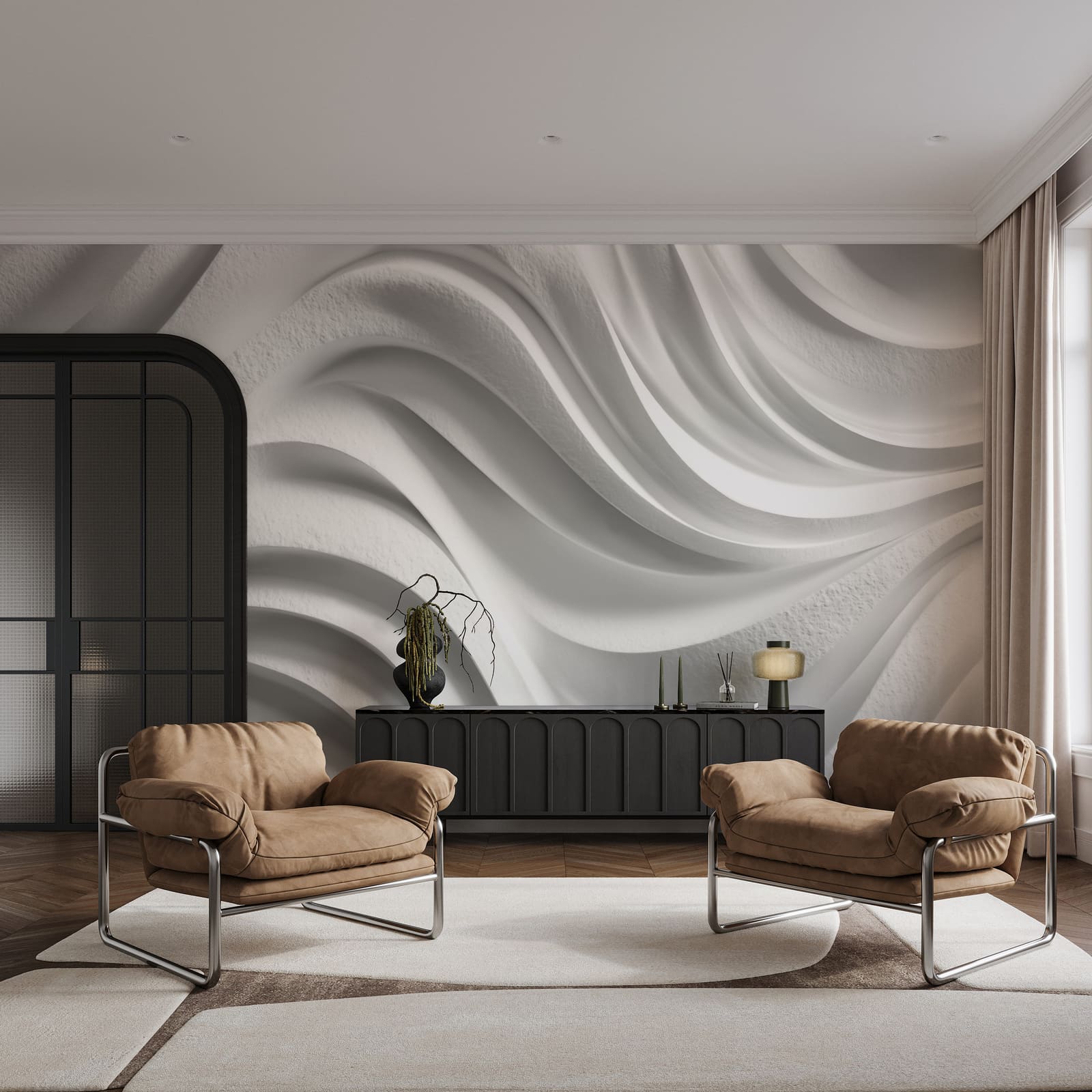 Weiße Wand mit wellenförmigen Linien Weiße Wand mit wellenförmigen Linien