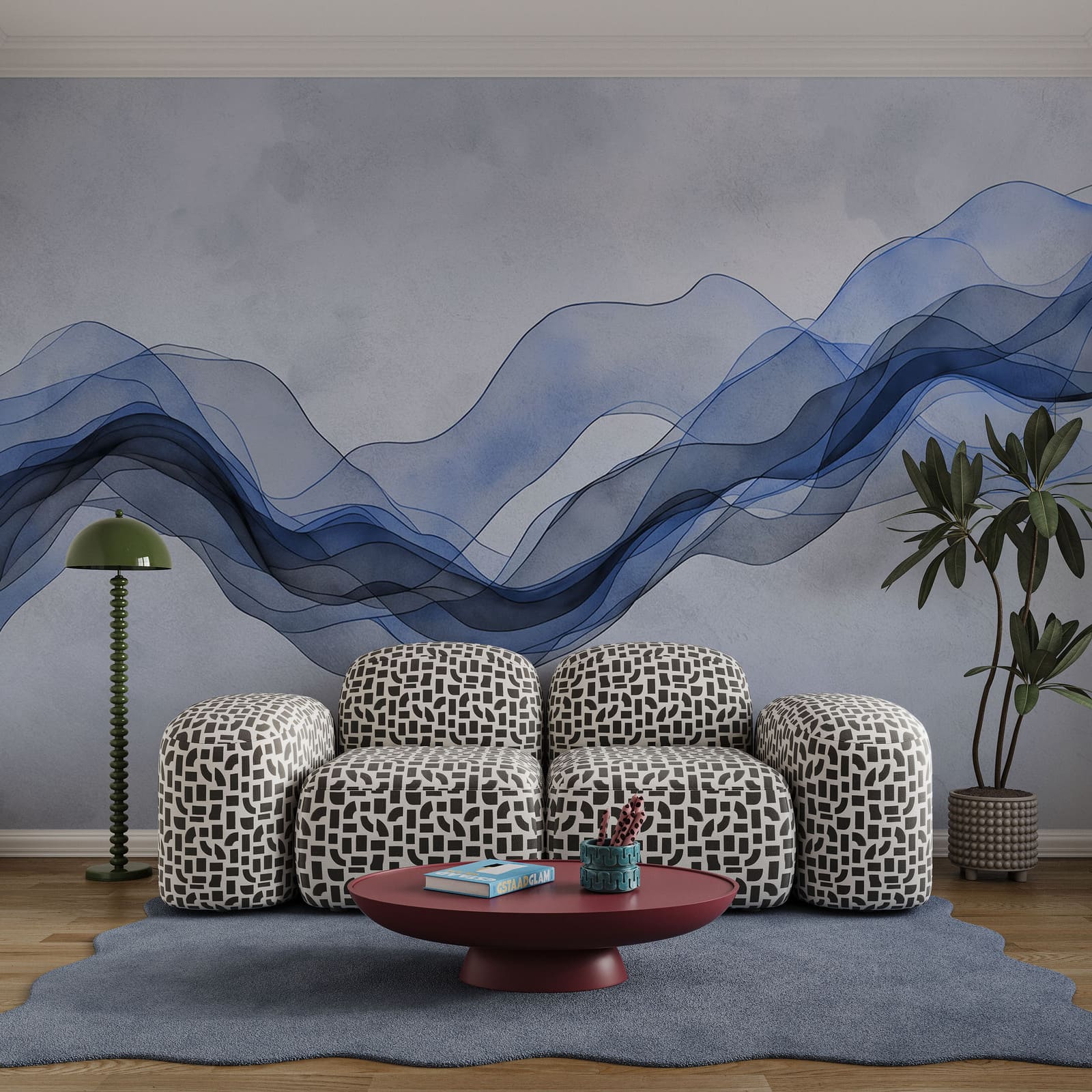 Blaue Wellenlinien auf weißem Hintergrund