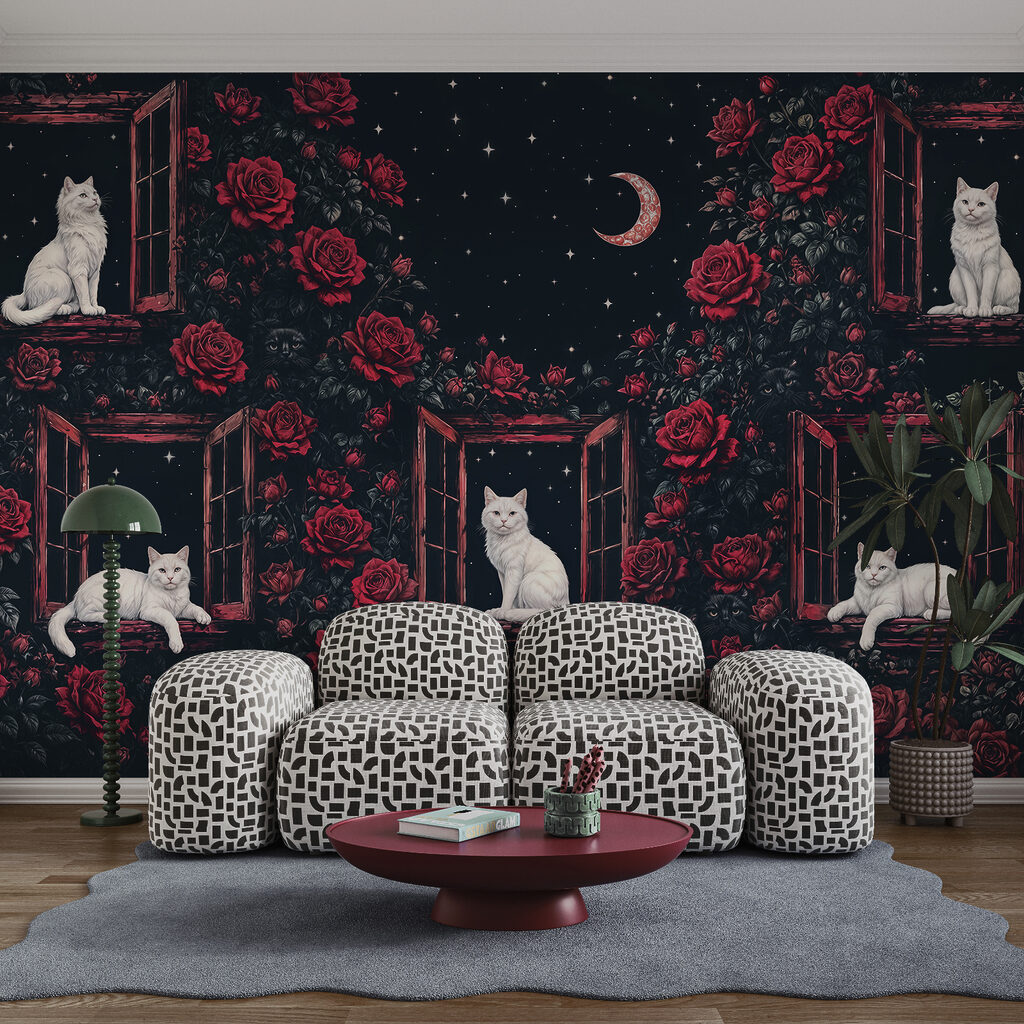 Eine Gruppe von Katzen, die auf Fensterbänken inmitten von Rosen sitzen Eine Gruppe von Katzen, die auf Fensterbänken inmitten von Rosen sitzen