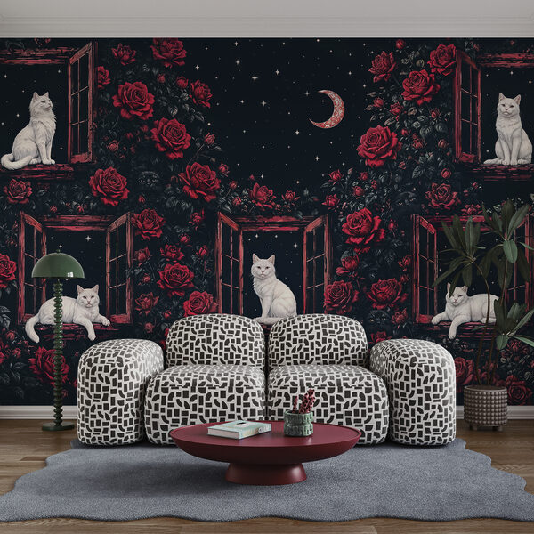 Eine Gruppe von Katzen, die auf Fensterbänken inmitten von Rosen sitzen Eine Gruppe von Katzen, die auf Fensterbänken inmitten von Rosen sitzen