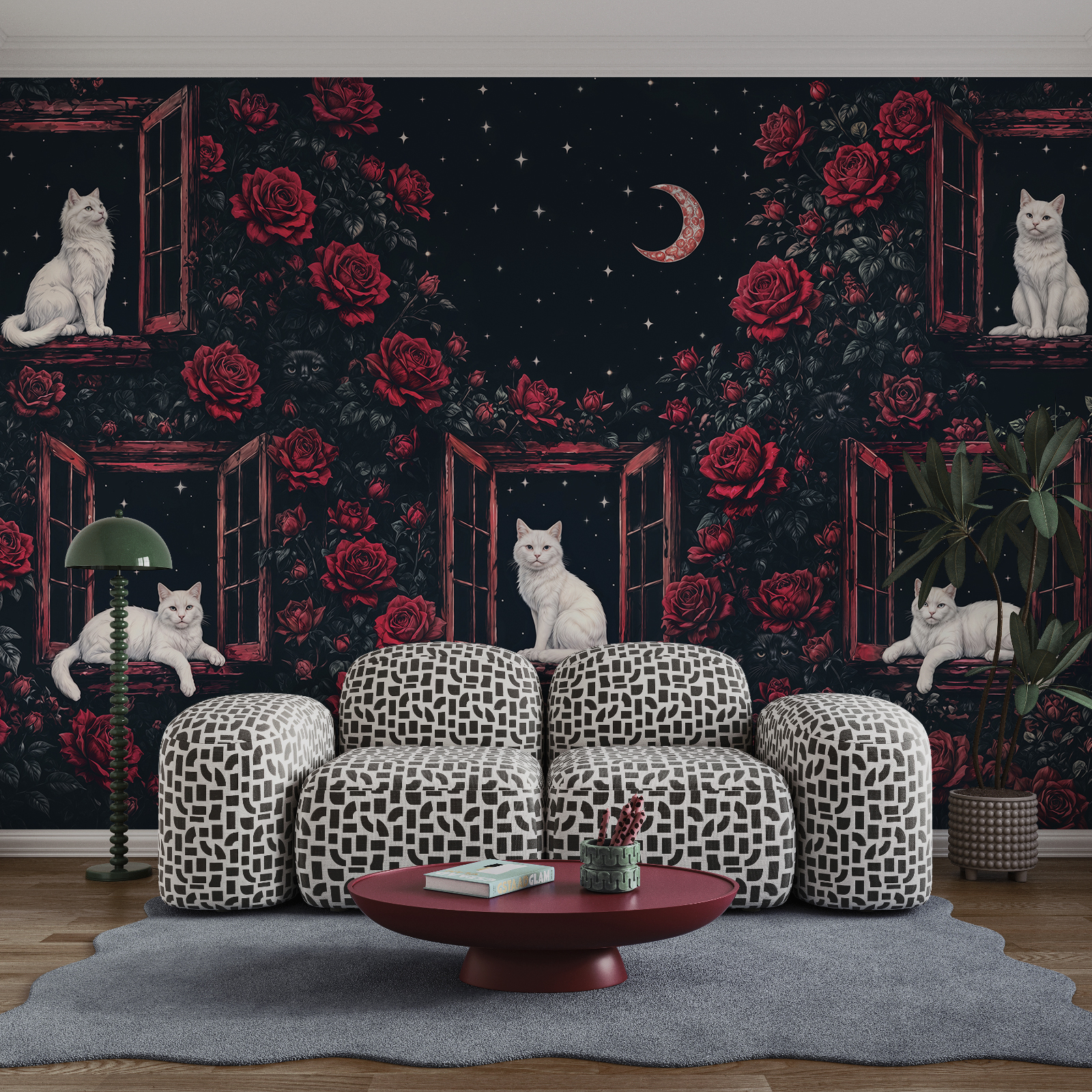 Eine Gruppe von Katzen, die auf Fensterbänken inmitten von Rosen sitzen Eine Gruppe von Katzen, die auf Fensterbänken inmitten von Rosen sitzen