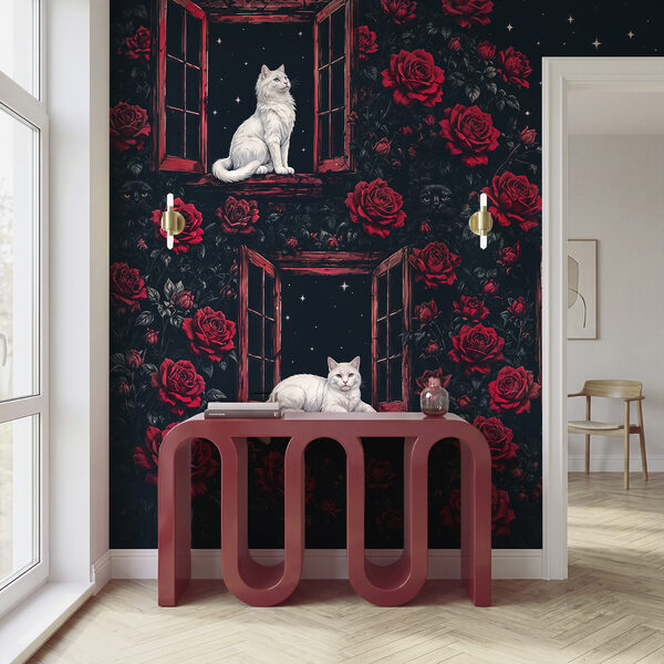 Eine Gruppe von Katzen, die auf Fensterbänken inmitten von Rosen sitzen Eine Gruppe von Katzen, die auf Fensterbänken inmitten von Rosen sitzen