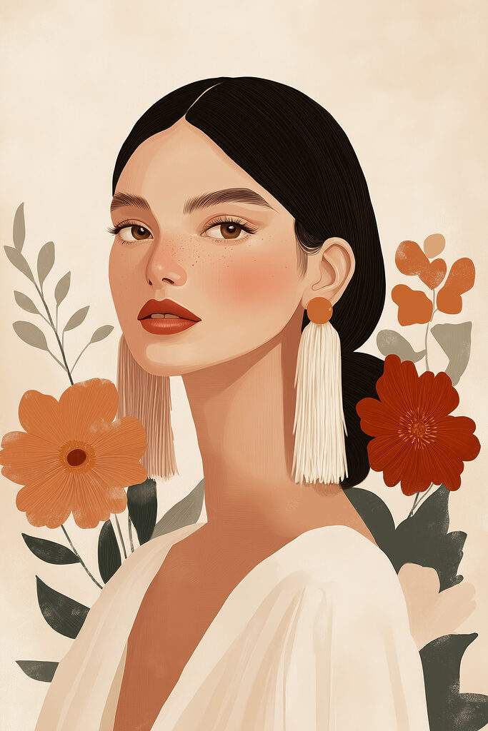 Woman with long earrings and flowers Woman with long earrings and flowers