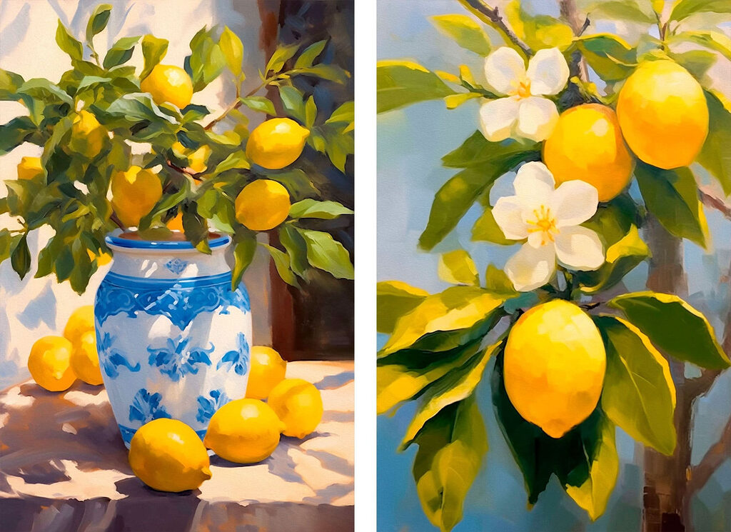 Lemons in a vase and a vase with lemons