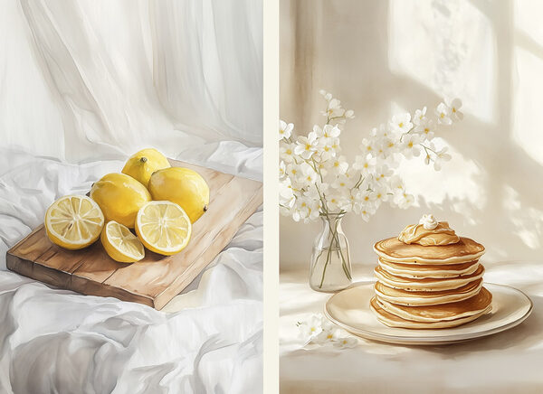 Lemons on a cutting board and a stack of pancakes