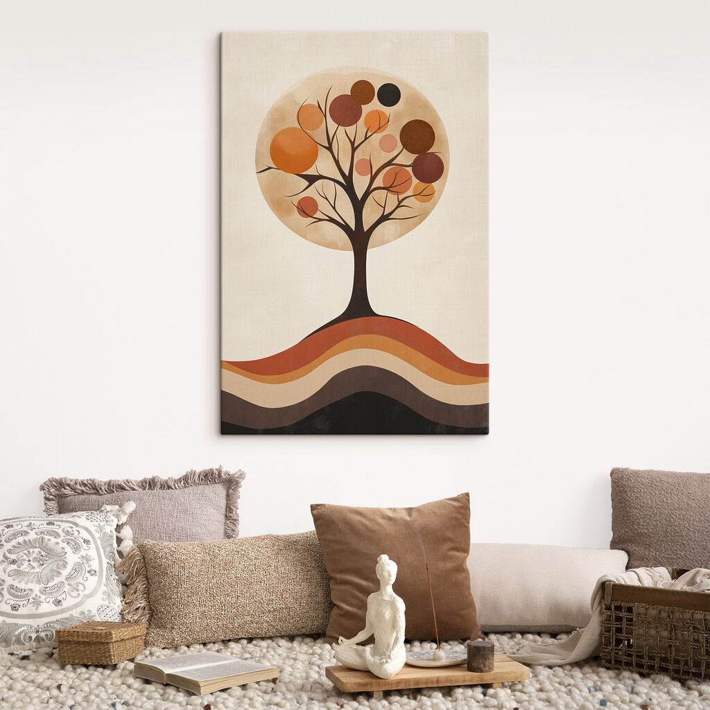 Tree with orange circles and a brown and white circle Tree with orange circles and a brown and white circle