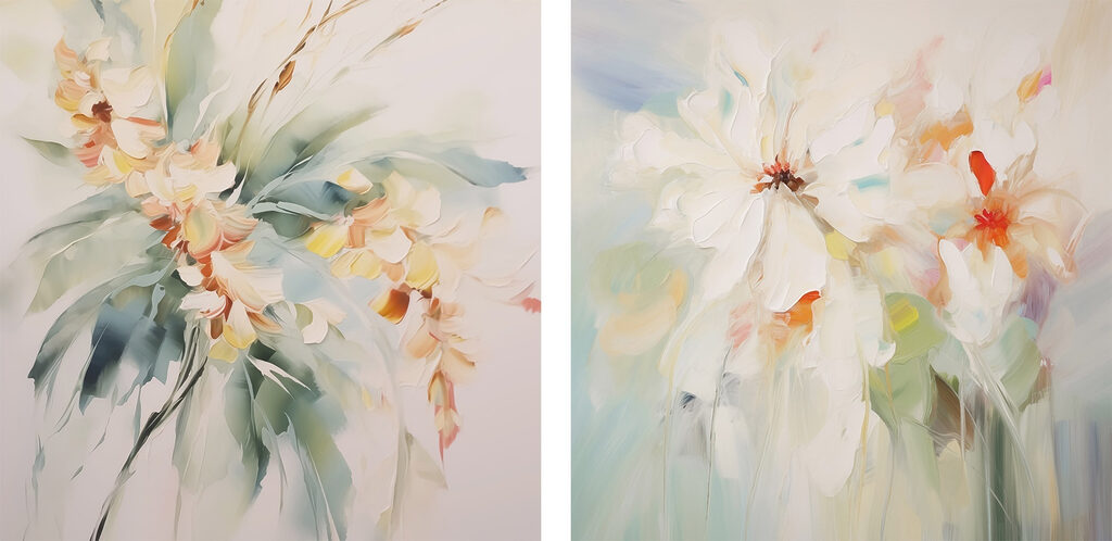 Two paintings of flowers on a white surface