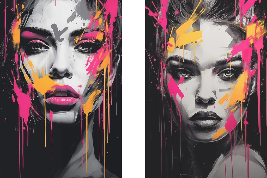 Collage of a woman's face with paint splatters
