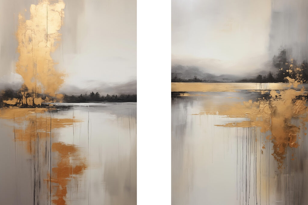 Painting of a lake and a foggy landscape Painting of a lake and a foggy landscape