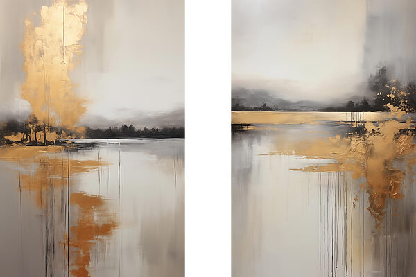 Painting of a lake and a foggy landscape Painting of a lake and a foggy landscape