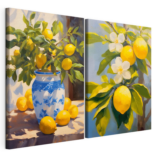 Zitronen in einer Vase und eine Vase mit Zitronen Modularer Leinwanddruck Zitronen in einer Vase und eine Vase mit Zitronen