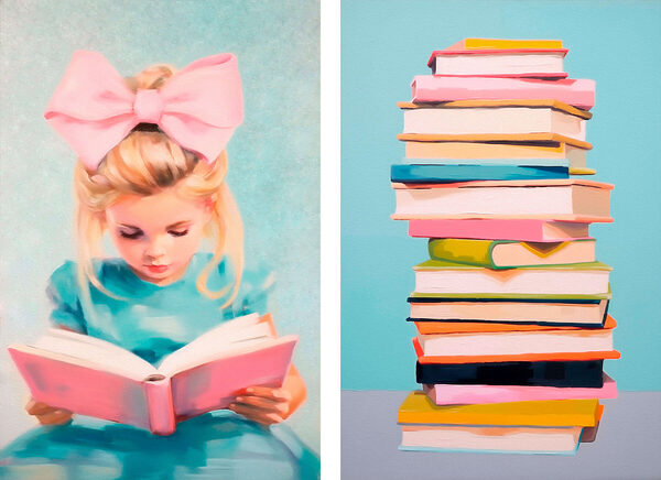 Girl reading a book and a stack of books Girl reading a book and a stack of books