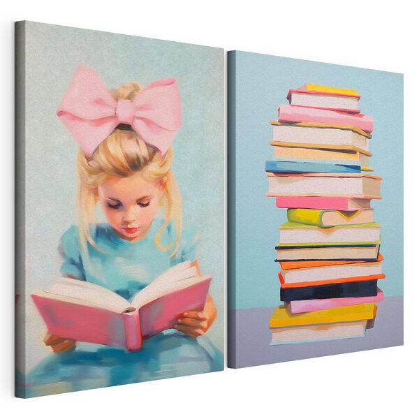 Modularer Leinwanddruck Ein Mädchen, das ein Buch liest, und ein Stapel Bücher