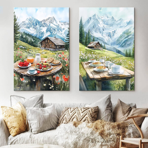 Painting of a table with food and drinks on it Painting of a table with food and drinks on it