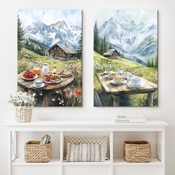 Painting of a table with food and drinks on it Painting of a table with food and drinks on it
