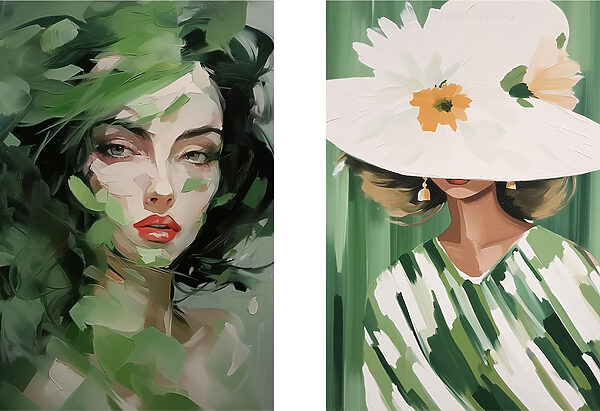 Two pictures of women with leaves