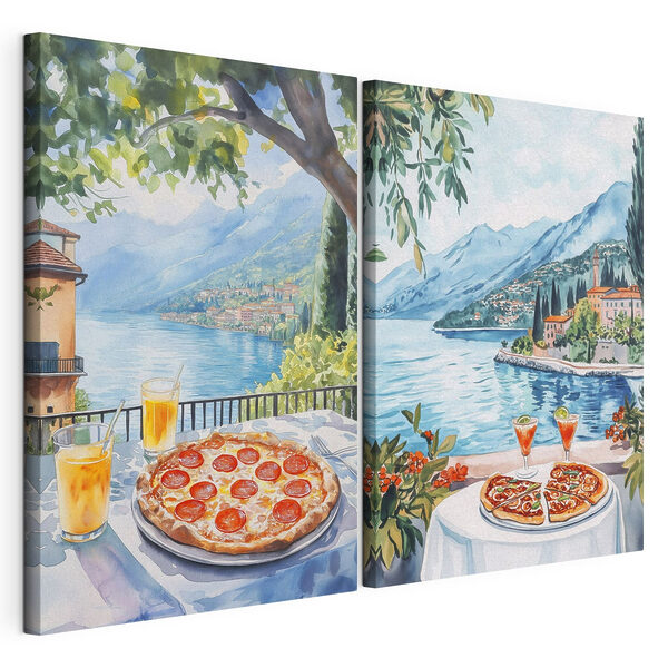 Aquarellbild eines Tisches, auf dem Pizzen und Getränke stehen Modularer Leinwanddruck Aquarellbild eines Tisches, auf dem Pizzen und Getränke stehen