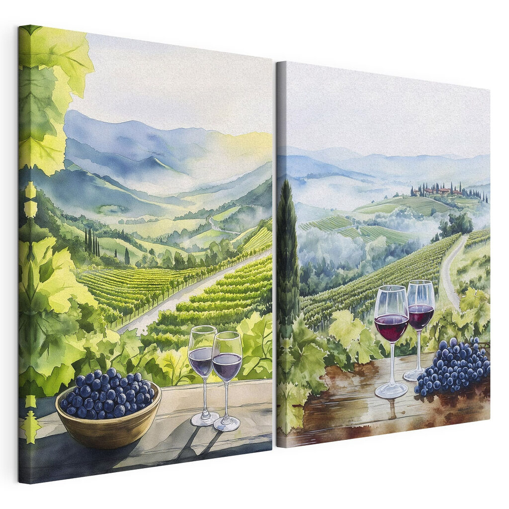 Painting of wine glasses and grapes on a table Painting of wine glasses and grapes on a table