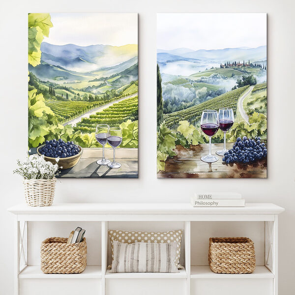 Painting of wine glasses and grapes on a table Painting of wine glasses and grapes on a table