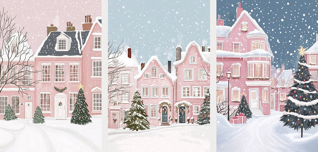 Collage of houses in snow