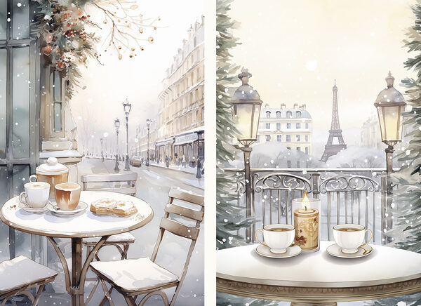 Painting of a street with a table and chairs Painting of a street with a table and chairs