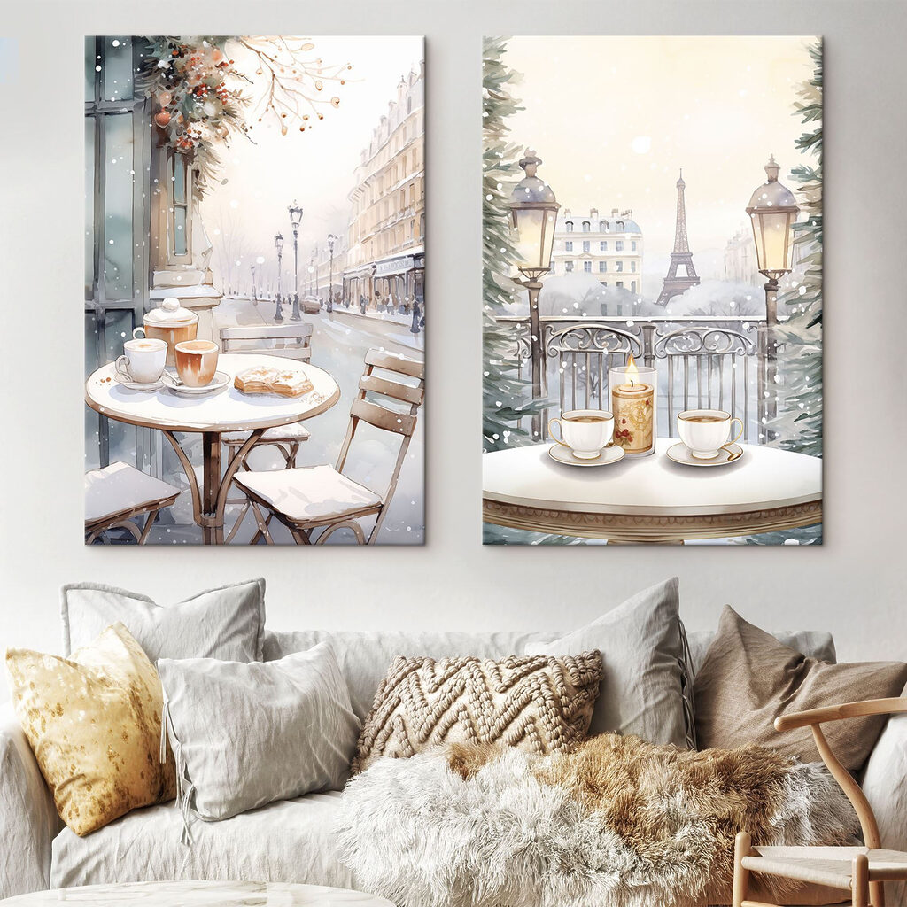 Painting of a street with a table and chairs Painting of a street with a table and chairs