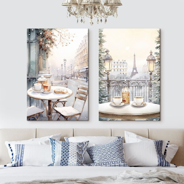 Painting of a street with a table and chairs Painting of a street with a table and chairs