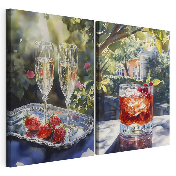 Modularer Leinwanddruck Aquarellbild mit Weingläsern und Erdbeeren