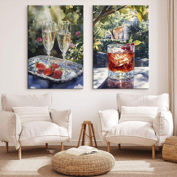 Watercolor painting of glasses of wine and strawberries