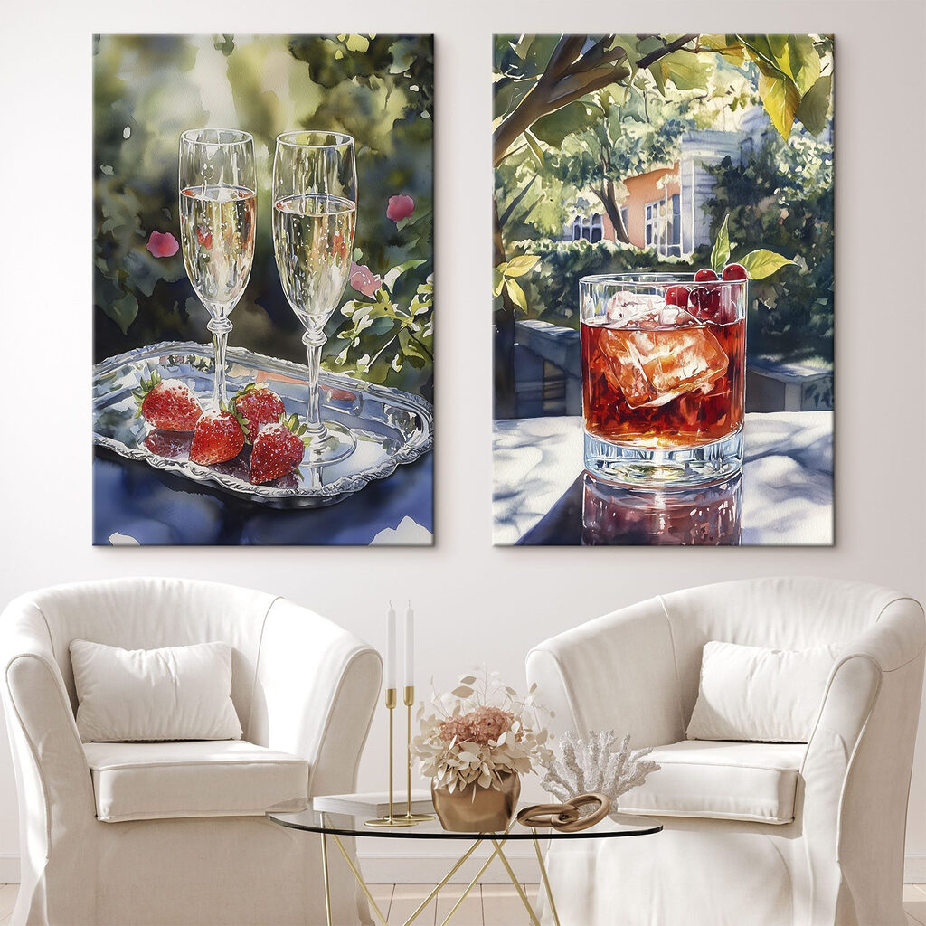 Watercolor painting of glasses of wine and strawberries
