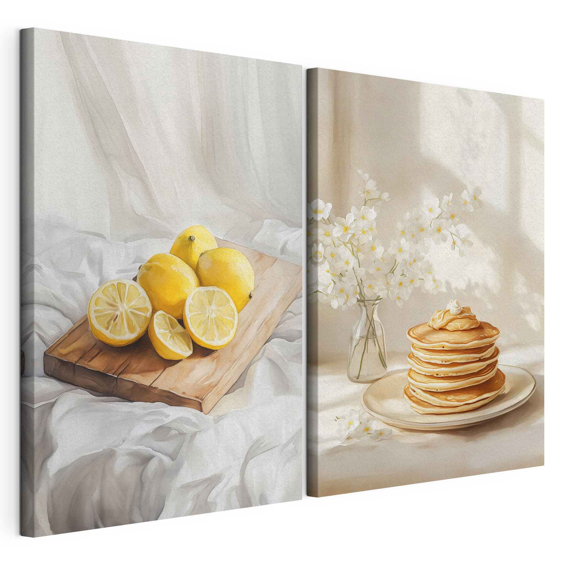 Lemons on a cutting board and a stack of pancakes