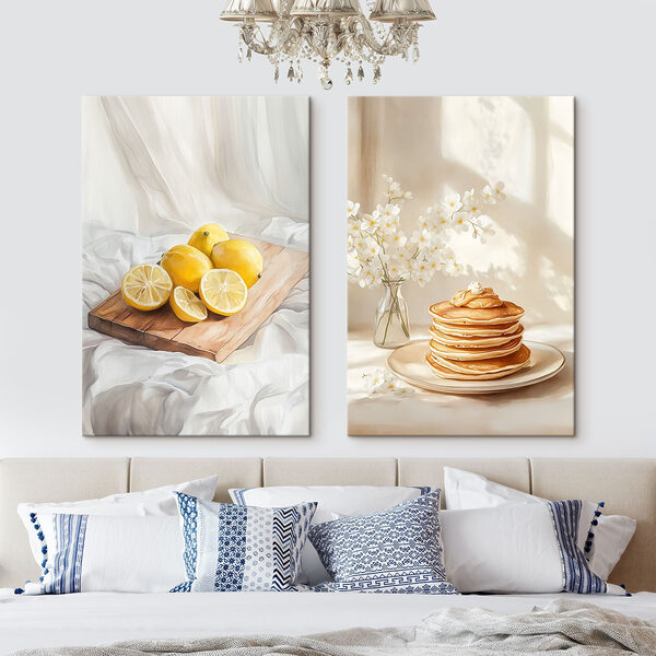 Lemons on a cutting board and a stack of pancakes