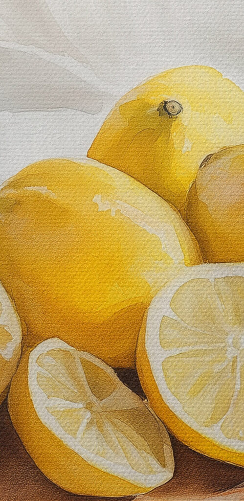 Lemons on a cutting board and a stack of pancakes
